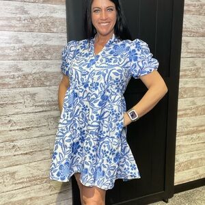 Blue Flower Print Puff Sleeve Tiered Dress